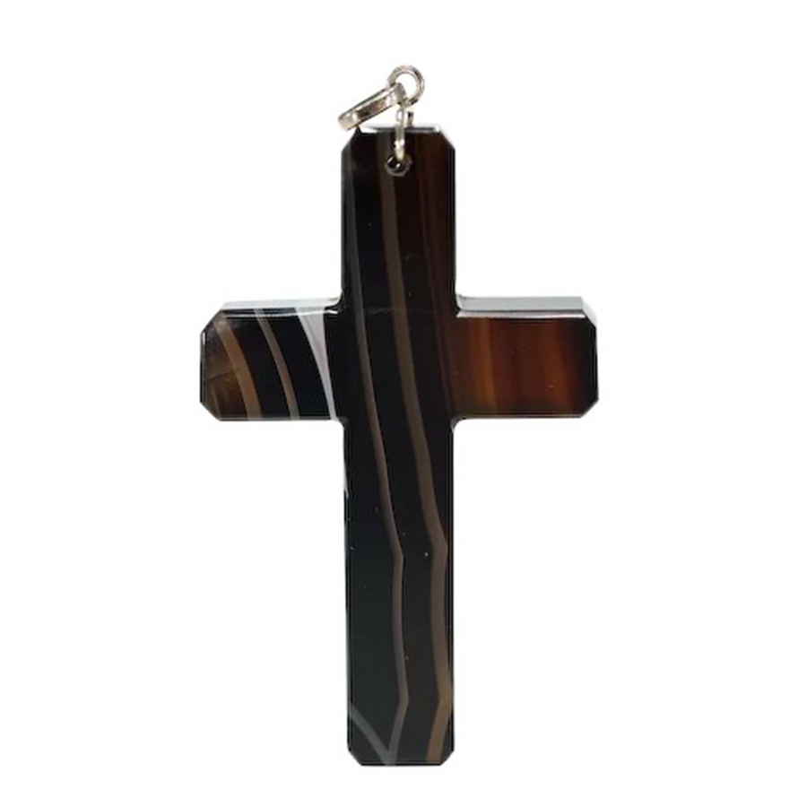 Antique Victorian Banded Agate Carved Cross Pendant