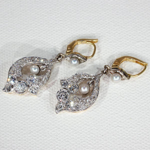 Antique Edwardian Diamond Pearl Earrings 18k Gold Platinum