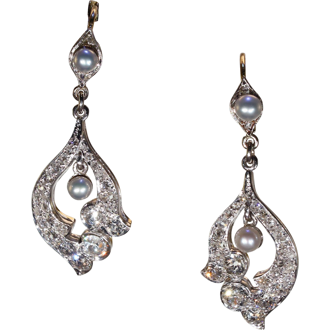 Antique Edwardian Diamond Pearl Earrings 18k Gold Platinum