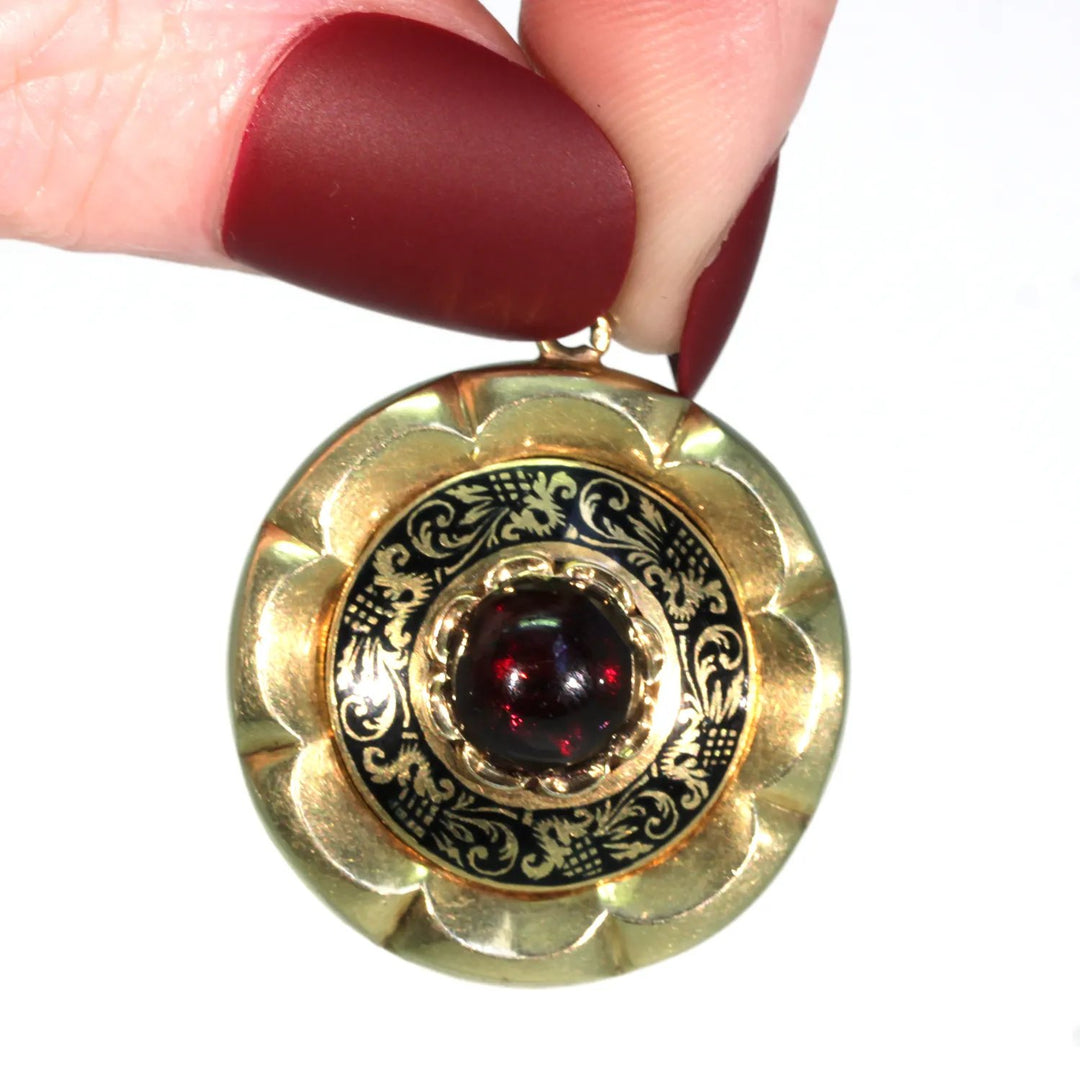 Early Victorian Garnet Enamel Memorial Locket Pendant
