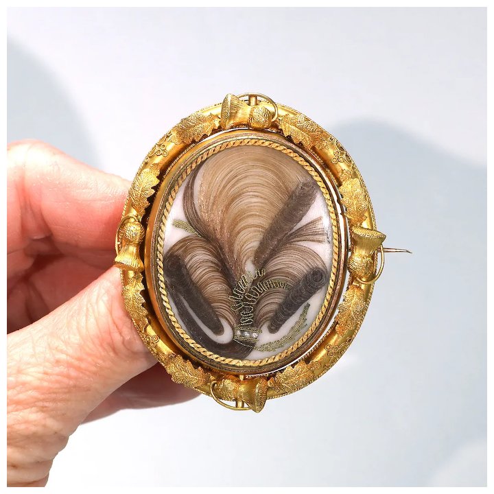 Early Victorian Gold Hair Memorial Brooch Thistles 15k