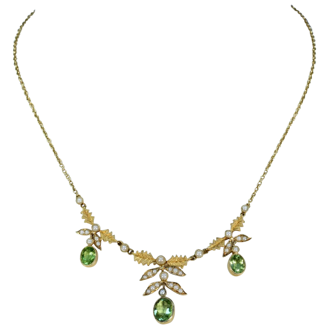 Edwardian 15k Gold Peridot Pearl Necklace Leaf Motif