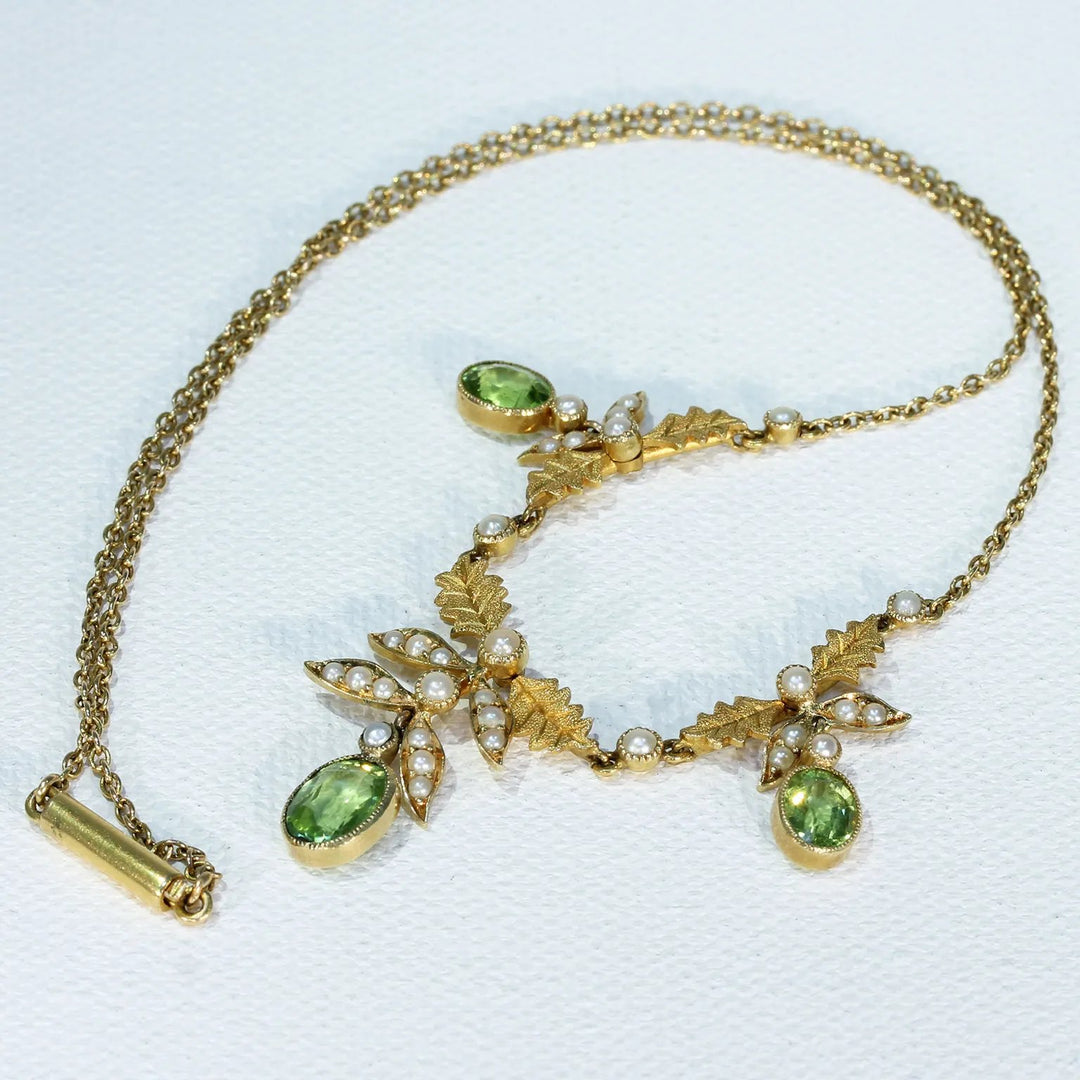 Edwardian 15k Gold Peridot Pearl Necklace Leaf Motif