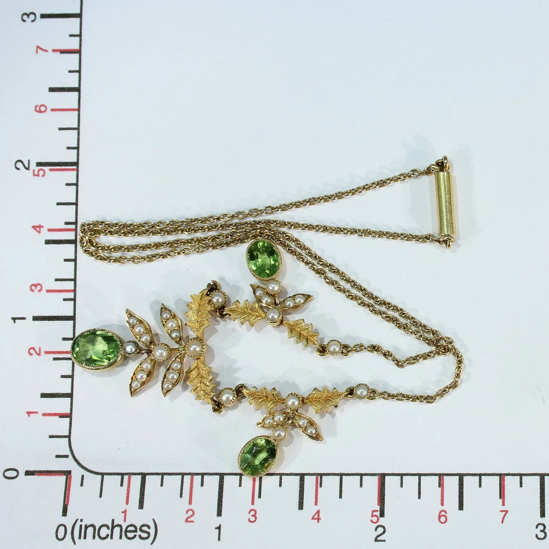 Edwardian 15k Gold Peridot Pearl Necklace Leaf Motif