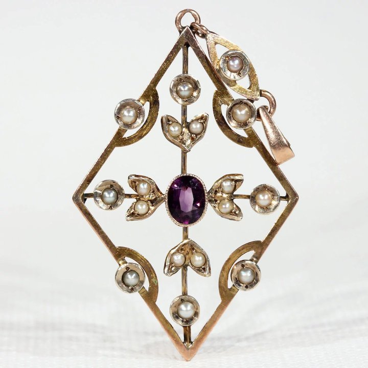 Edwardian 9k Gold Amethyst and Pearl Pendant