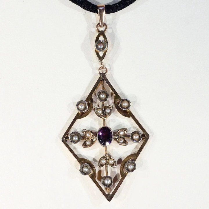 Edwardian 9k Gold Amethyst and Pearl Pendant