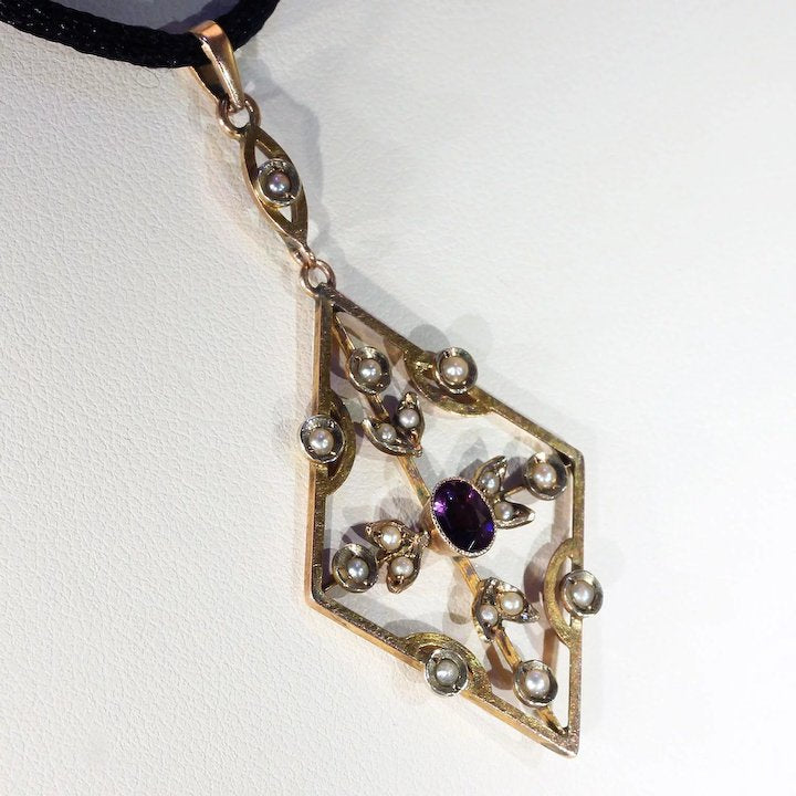 Edwardian 9k Gold Amethyst and Pearl Pendant