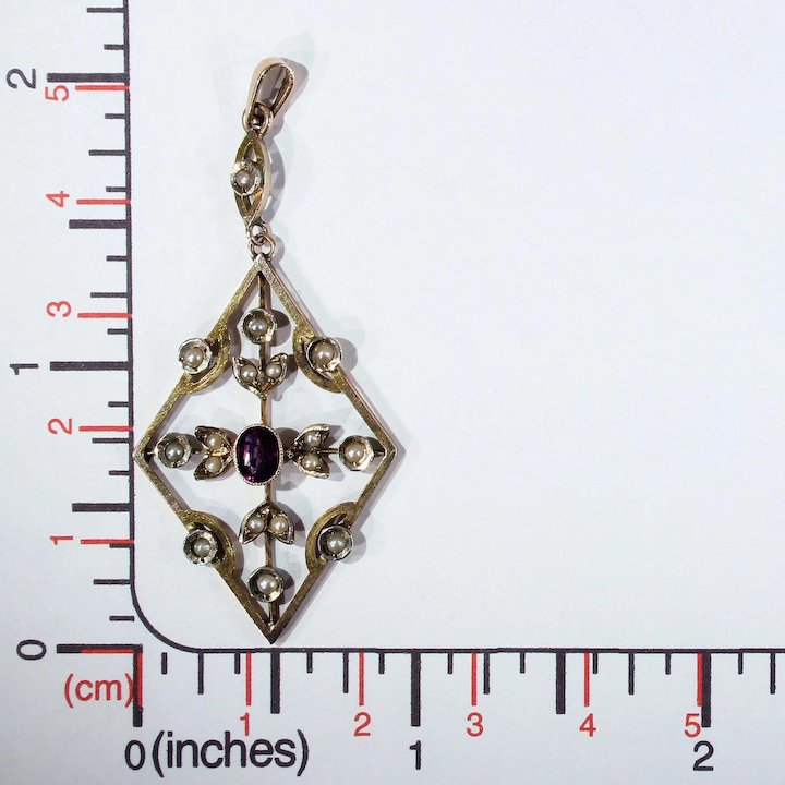 Edwardian 9k Gold Amethyst and Pearl Pendant