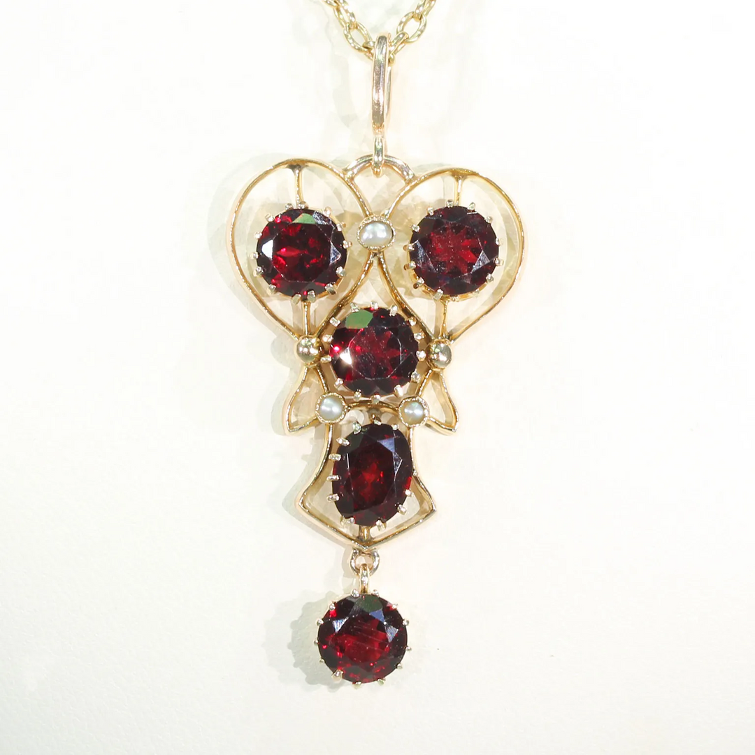 Edwardian Garnet & Pearl Drop Pendant 9K