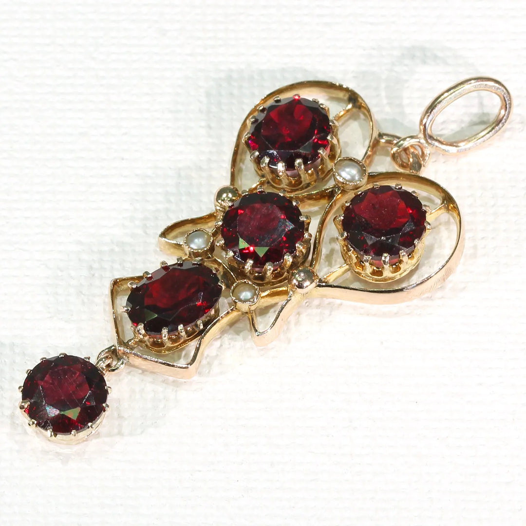 Edwardian Garnet & Pearl Drop Pendant 9K