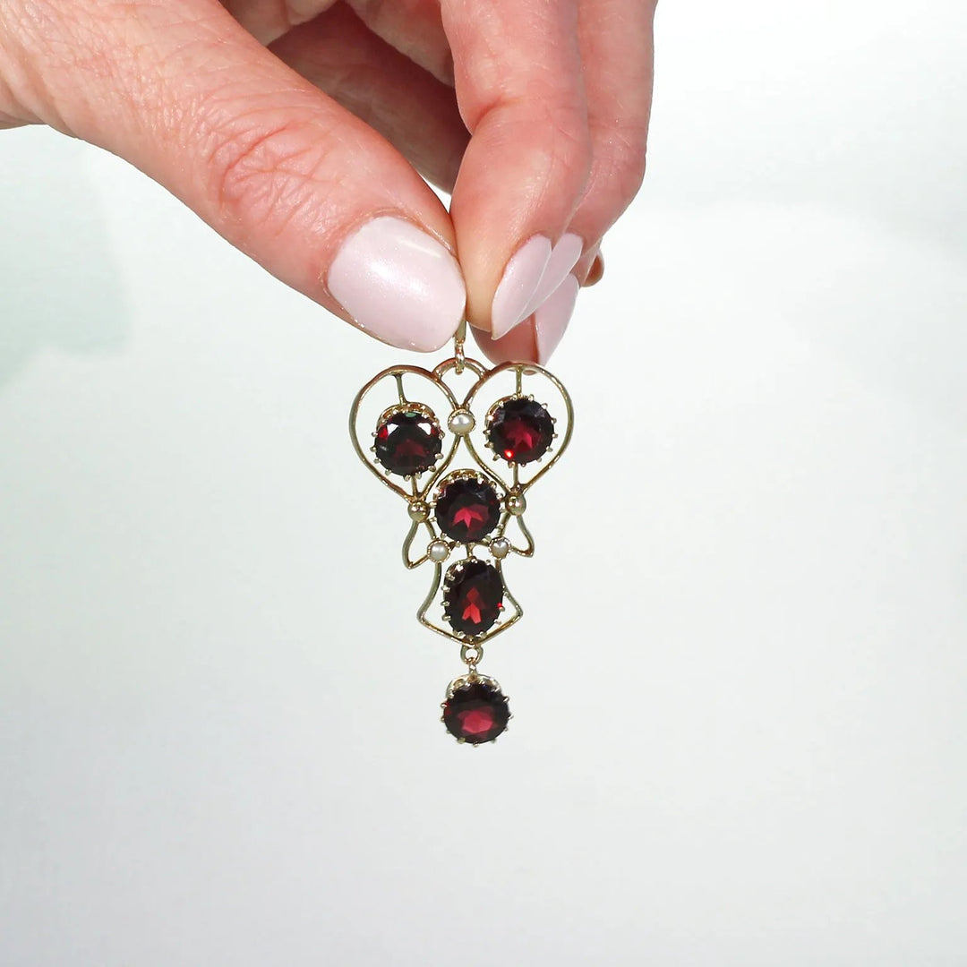 Edwardian Garnet & Pearl Drop Pendant 9K