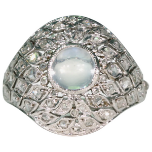 Edwardian Moonstone Diamond Platinum Ring Dome