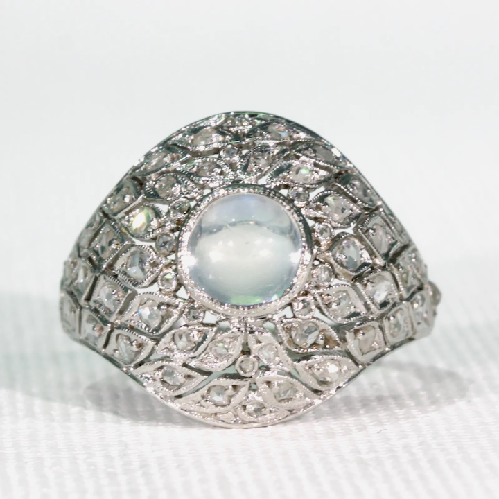 Edwardian Moonstone Diamond Platinum Ring Dome