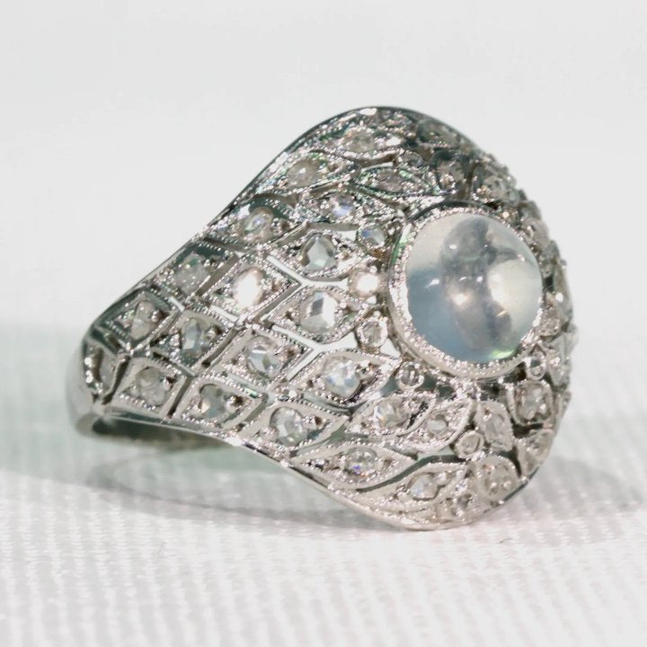 Edwardian Moonstone Diamond Platinum Ring Dome