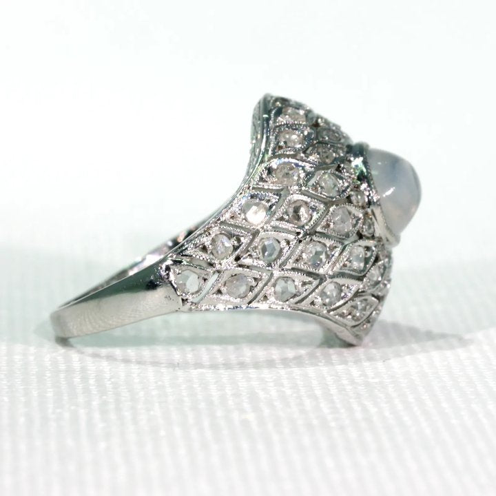 Edwardian Moonstone Diamond Platinum Ring Dome