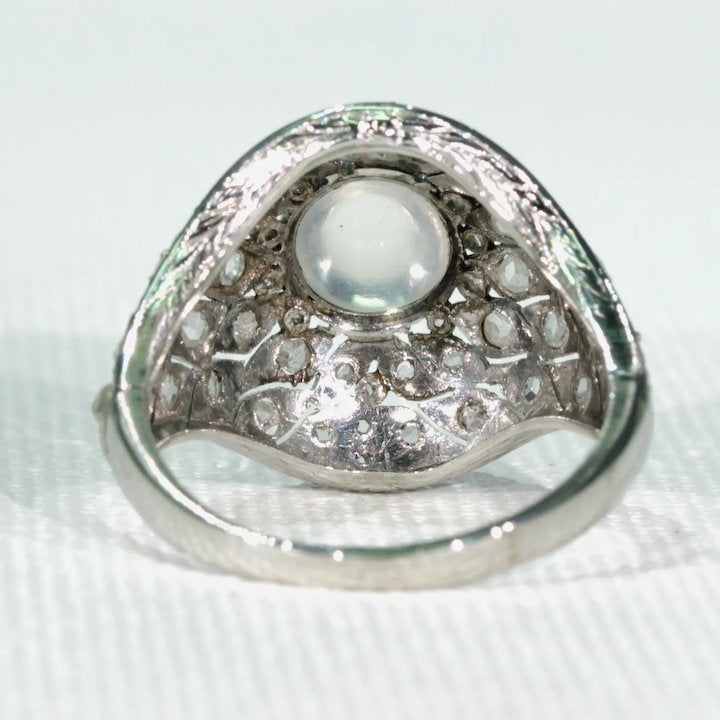 Edwardian Moonstone Diamond Platinum Ring Dome