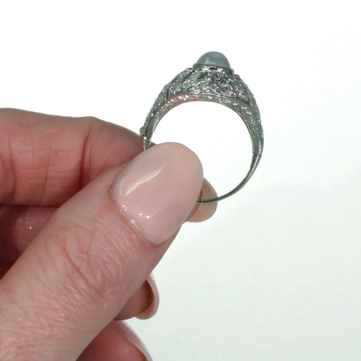Edwardian Moonstone Diamond Platinum Ring Dome