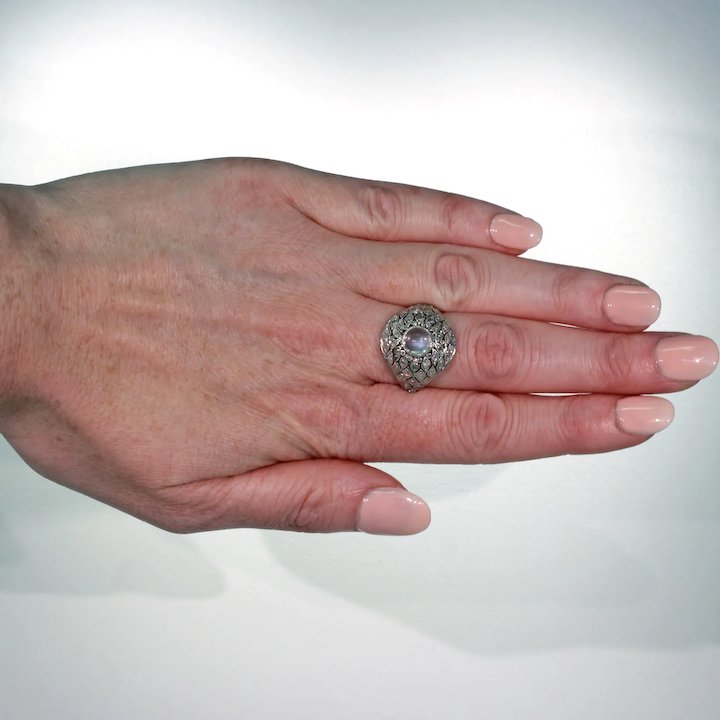 Edwardian Moonstone Diamond Platinum Ring Dome
