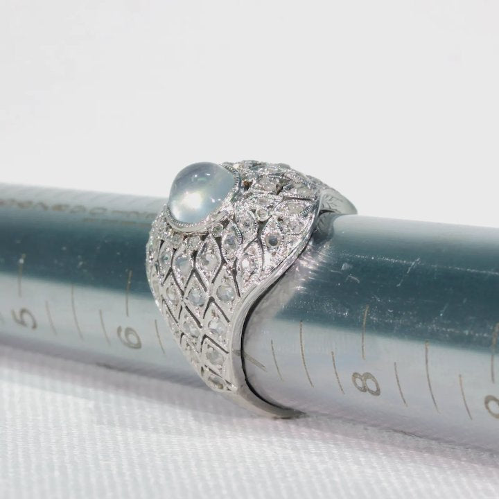 Edwardian Moonstone Diamond Platinum Ring Dome