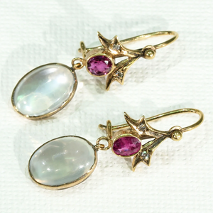 Edwardian Moonstone Garnet Diamond Gold Earrings