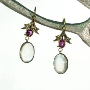 Edwardian Moonstone Garnet Diamond Gold Earrings
