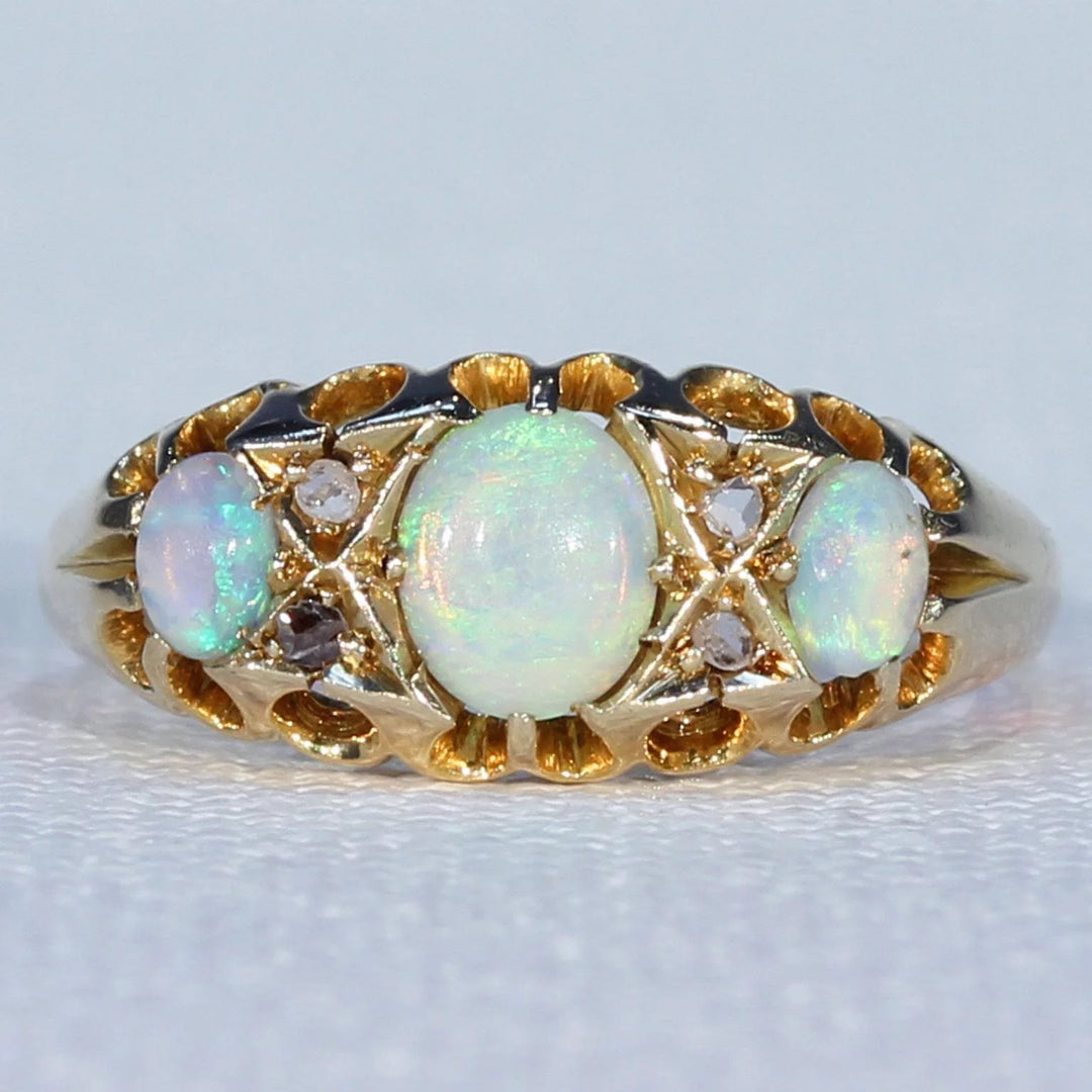 Edwardian Opal Diamond Gold Ring 3 Stone