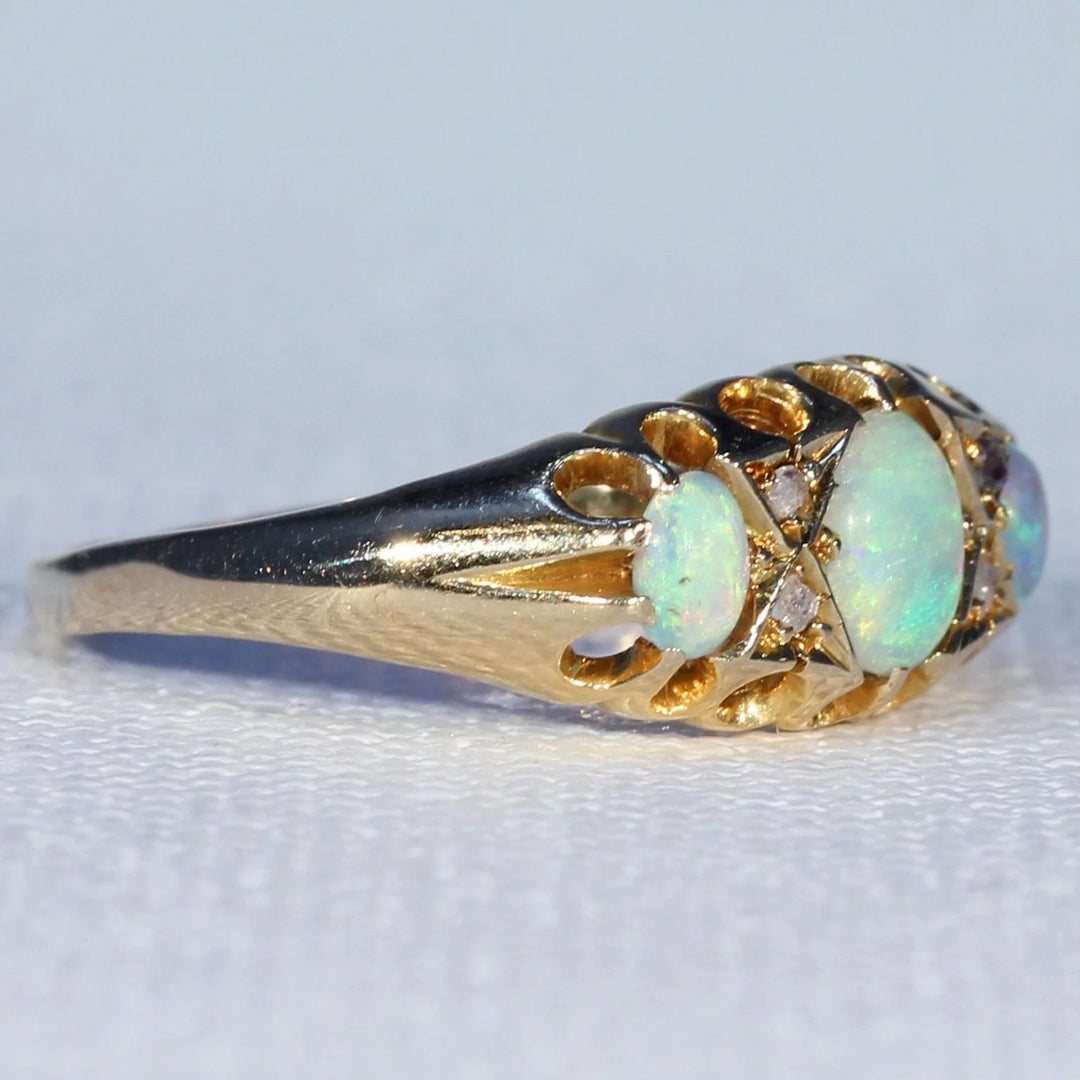 Edwardian Opal Diamond Gold Ring 3 Stone