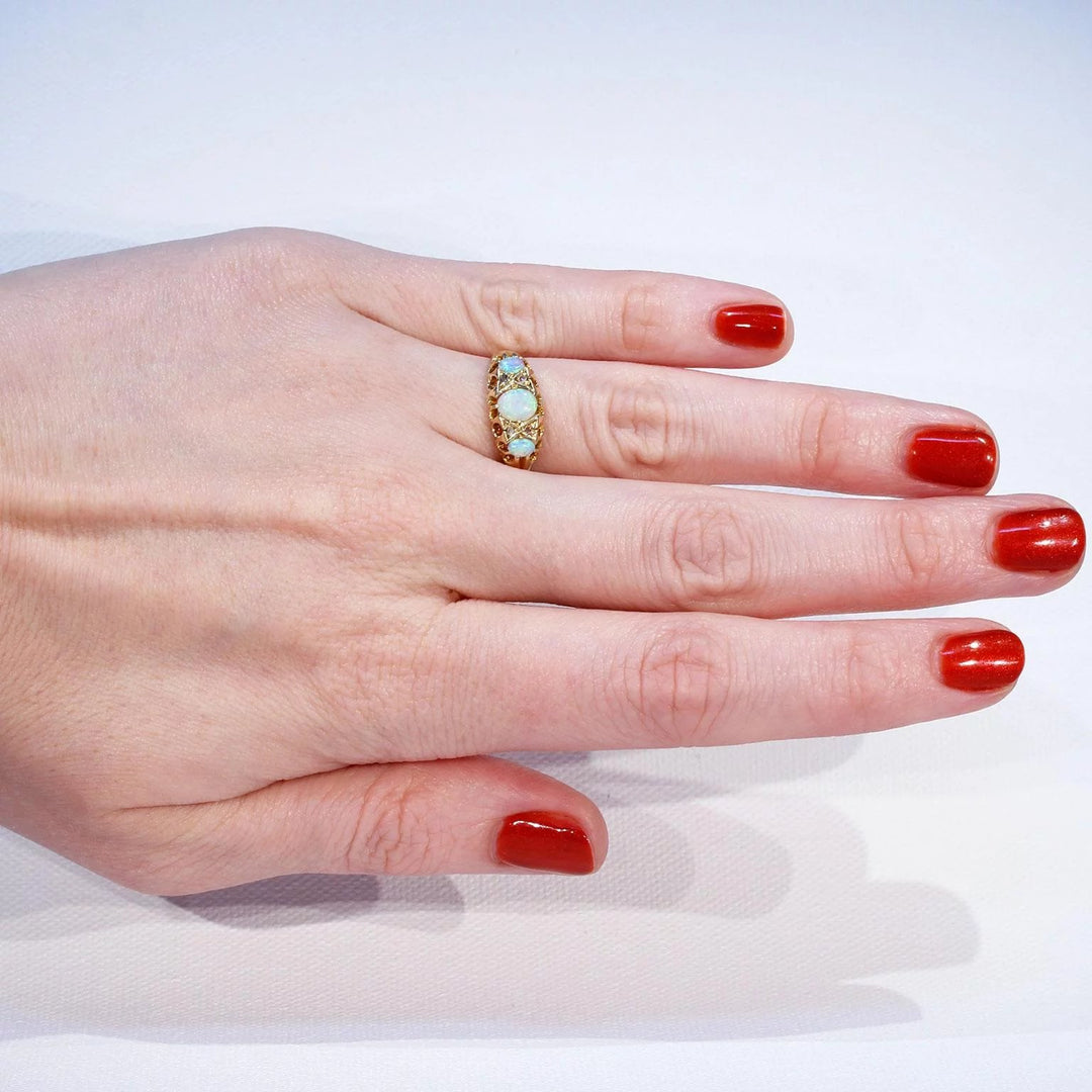 Edwardian Opal Diamond Gold Ring 3 Stone