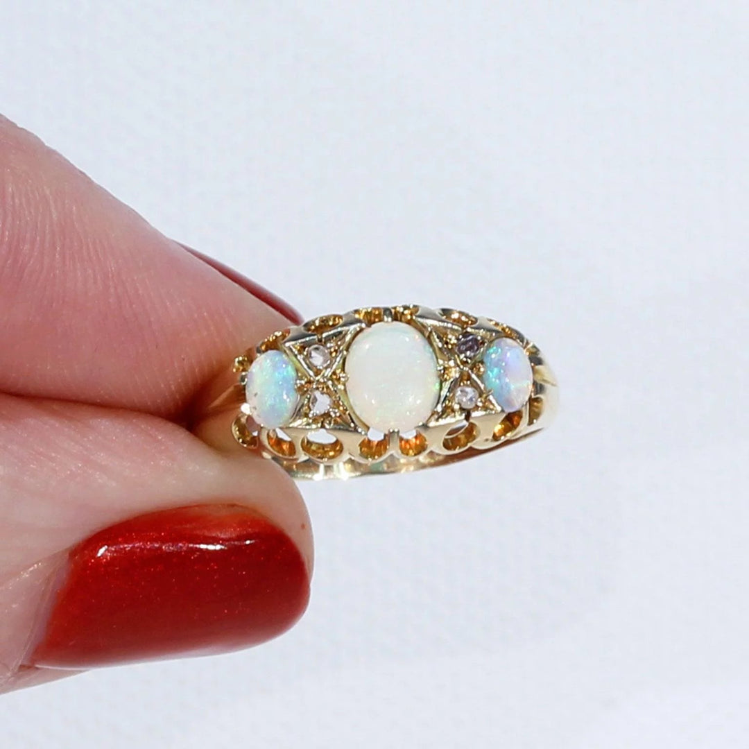 Edwardian Opal Diamond Gold Ring 3 Stone