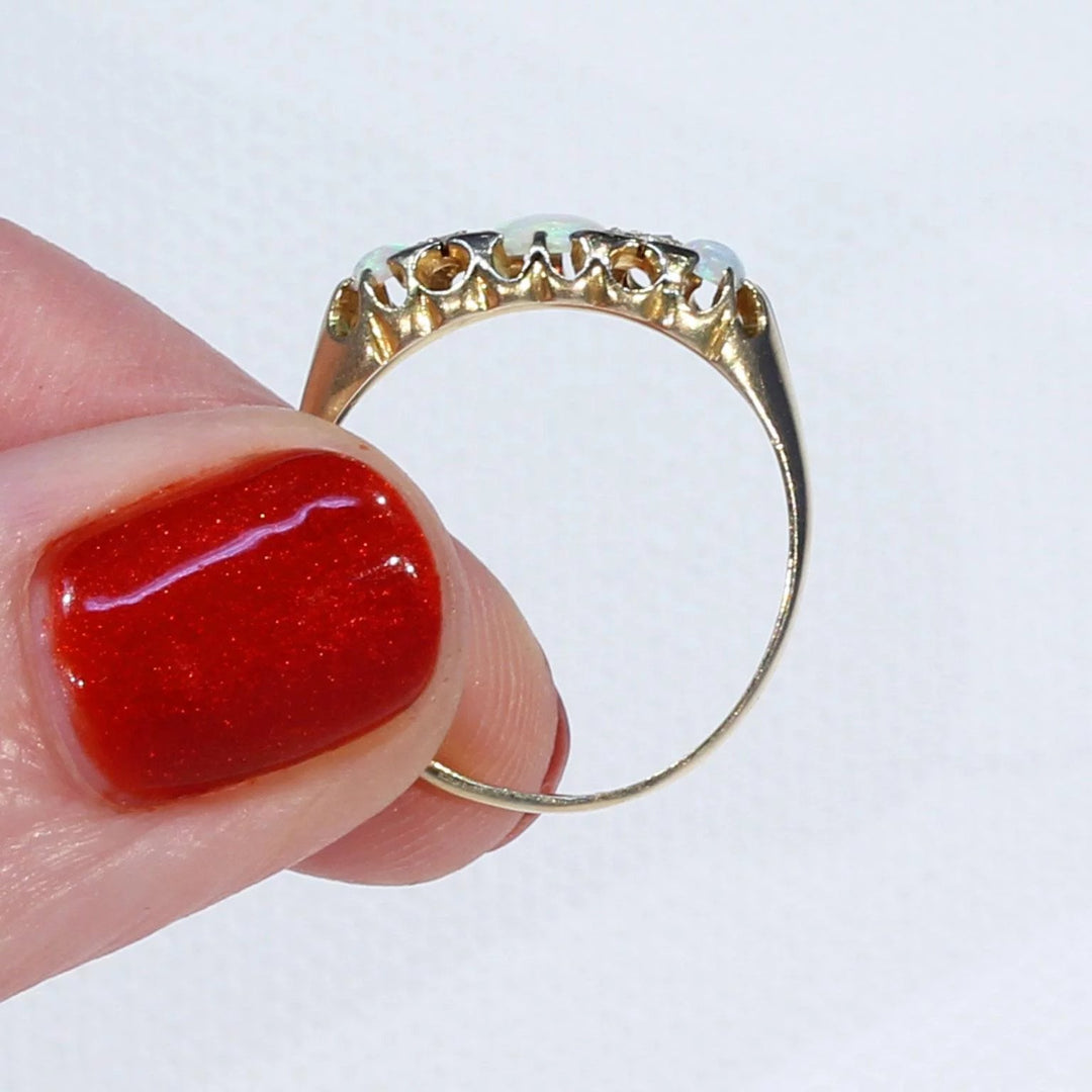 Edwardian Opal Diamond Gold Ring 3 Stone