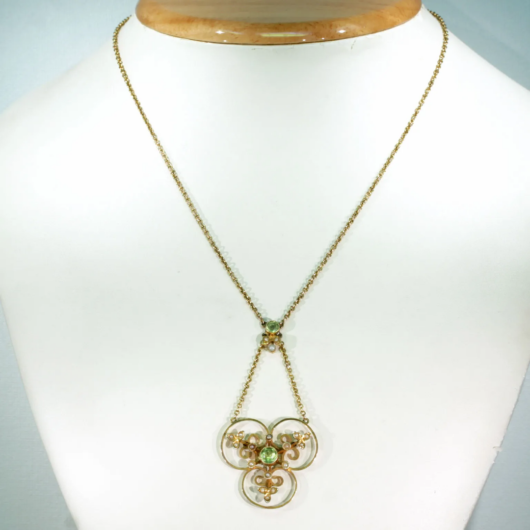 Edwardian Peridot Pearl Gold Necklace