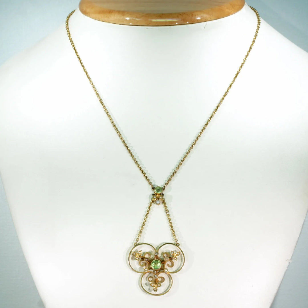 Edwardian Peridot Pearl Gold Necklace
