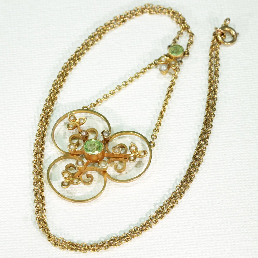 Edwardian Peridot Pearl Gold Necklace