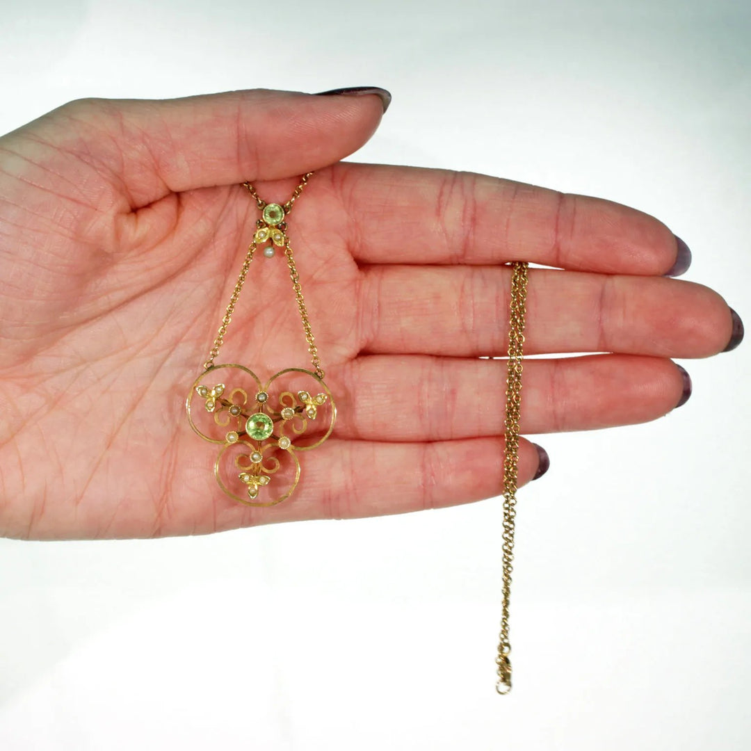 Edwardian Peridot Pearl Gold Necklace