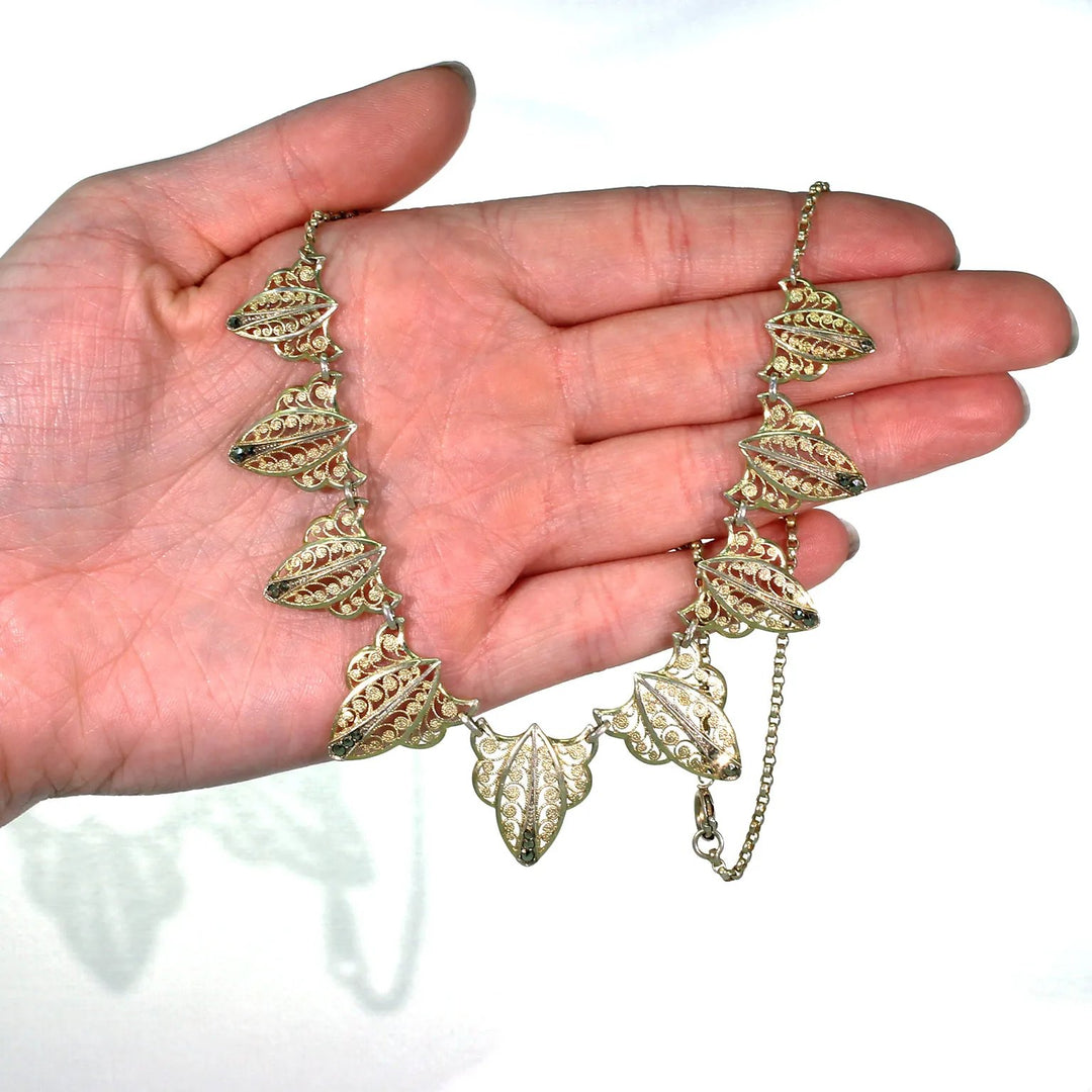 Edwardian Silver Gilt Marcasite Ornate Necklace