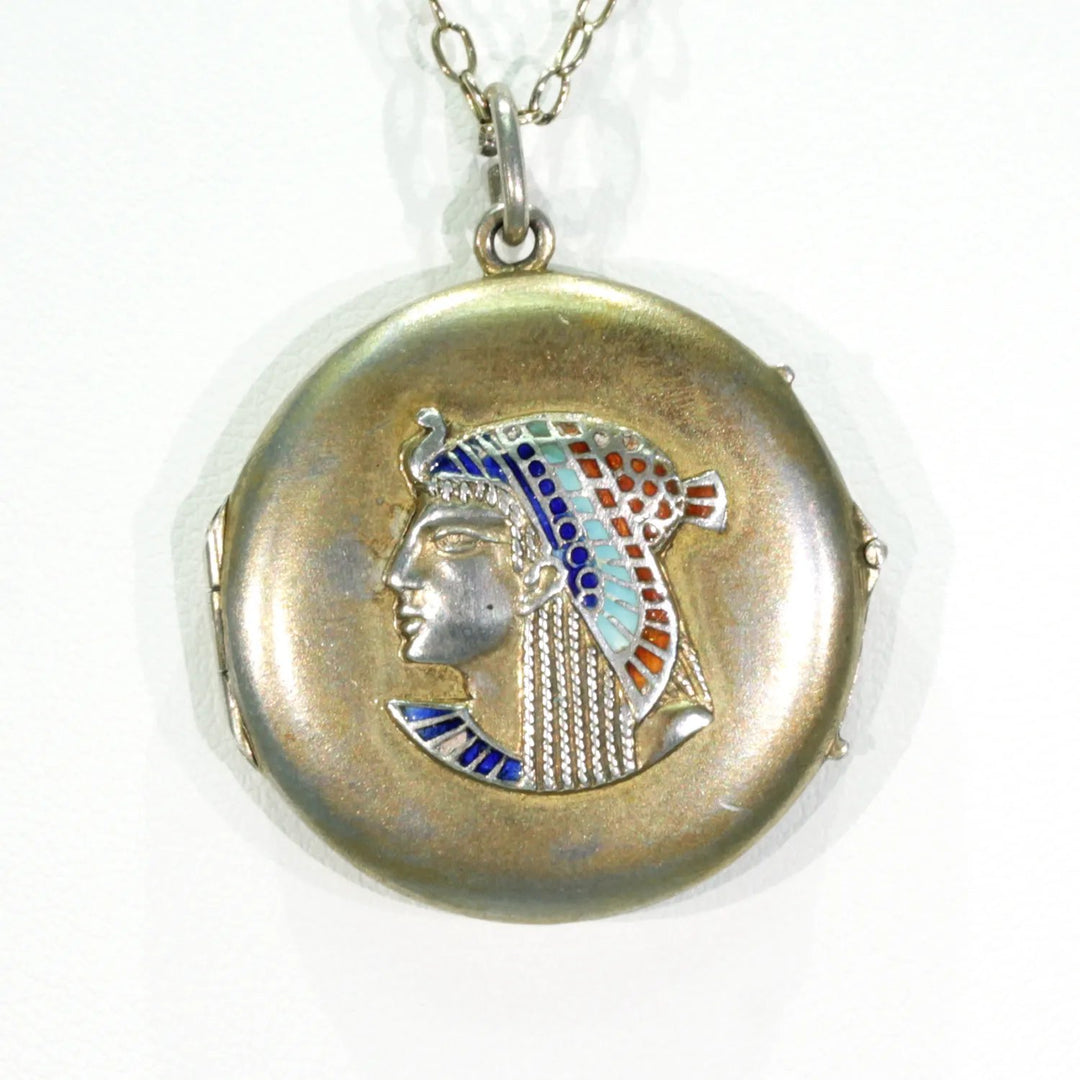 Egyptian Revival Silver Enamel Round Locket