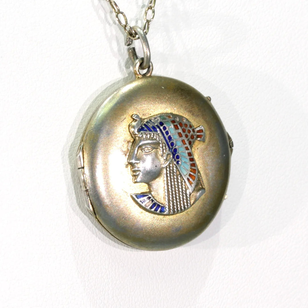 Egyptian Revival Silver Enamel Round Locket