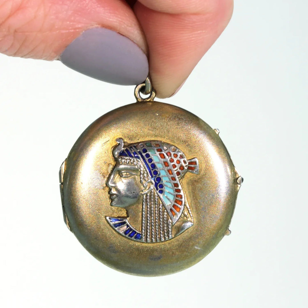 Egyptian Revival Silver Enamel Round Locket