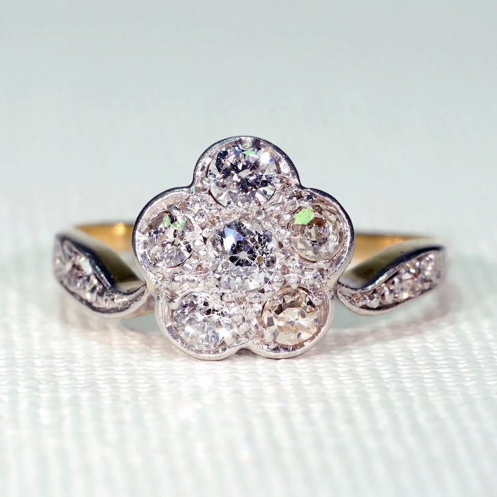 Elegant Edwardian Diamond Cluster Ring 1.0cttw Flower 18k Gold Platinum