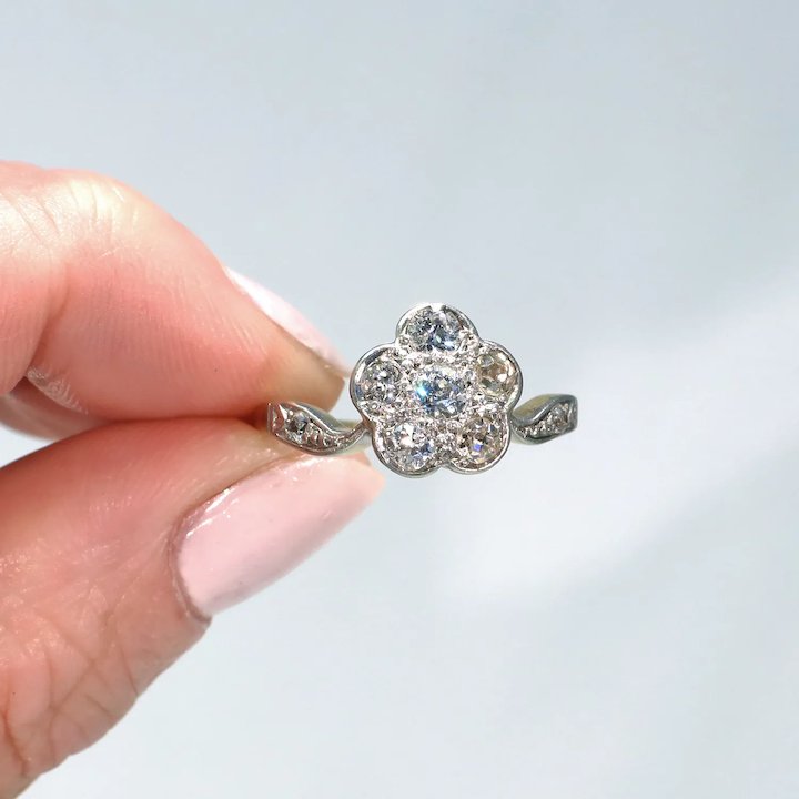 Elegant Edwardian Diamond Cluster Ring 1.0cttw Flower 18k Gold Platinum