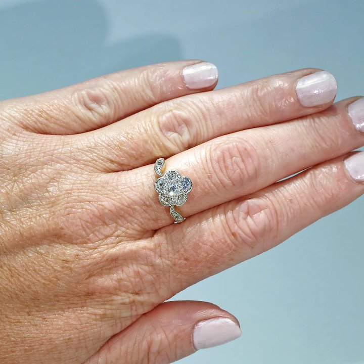 Elegant Edwardian Diamond Cluster Ring 1.0cttw Flower 18k Gold Platinum