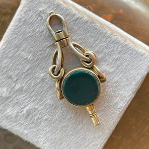 Antique Bloodstone Seal Key Fob Pendant 15k Gold Spinner