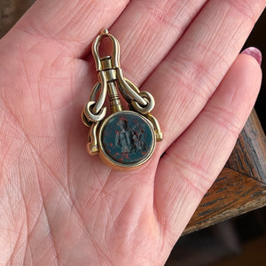 Antique Bloodstone Seal Key Fob Pendant 15k Gold Spinner