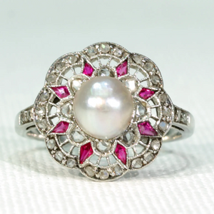 French Belle Époque Pearl Ruby Diamond Ring
