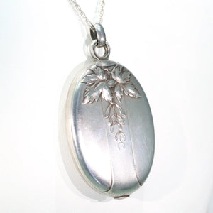 French Silver Art Nouveau Slide Locket Mirror Pendant Maple Leaf