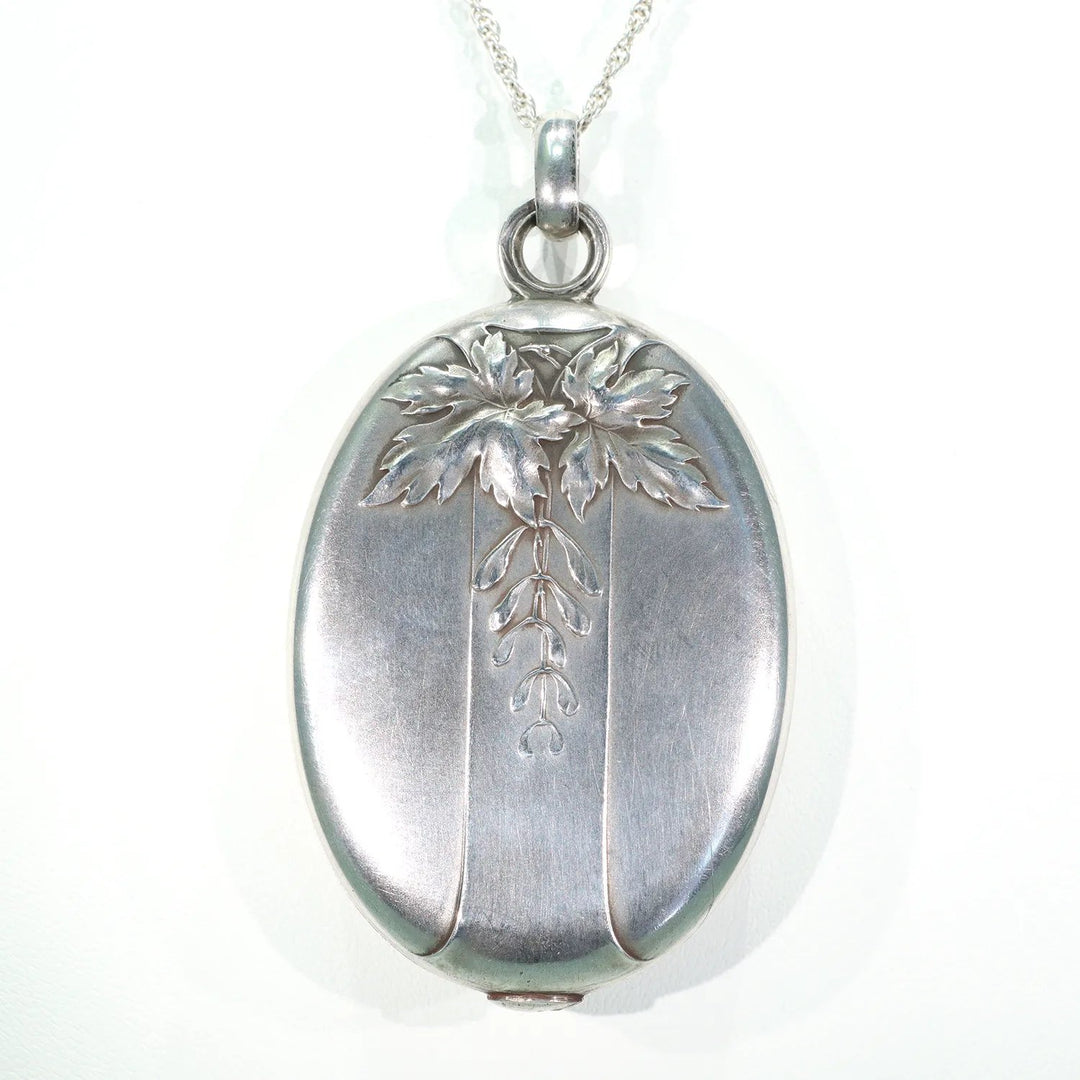 French Silver Art Nouveau Slide Locket Mirror Pendant Maple Leaf