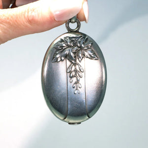 French Silver Art Nouveau Slide Locket Mirror Pendant Maple Leaf