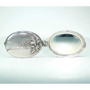 French Silver Art Nouveau Slide Locket Mirror Pendant Maple Leaf