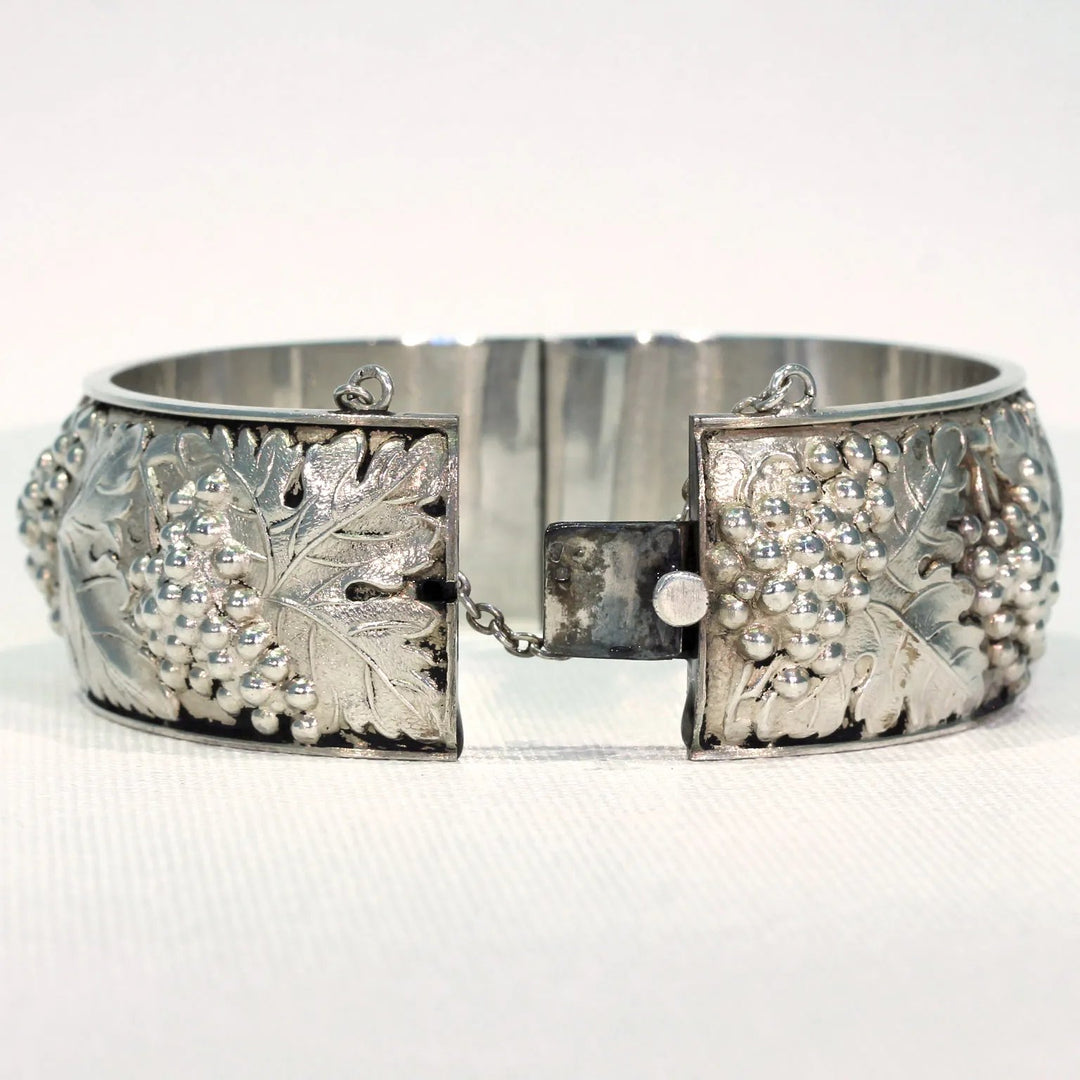 French Silver Bangle Bracelet with Grape Motif