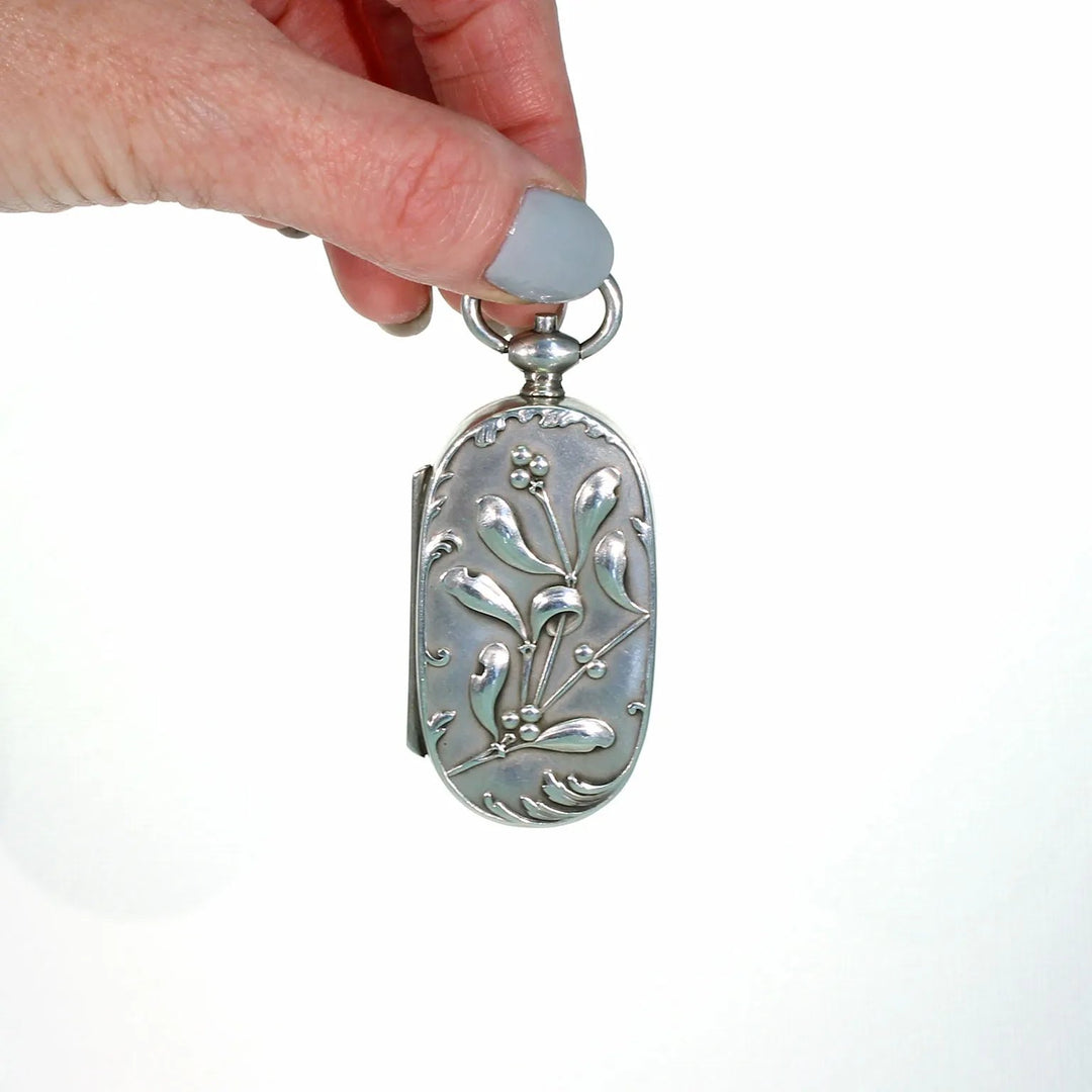 French Silver Sovereign Case Pendant with Mistletoe Motif Art Nouveau